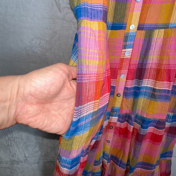 Evereve Dress L Sofia Boho Multicolor Plaid Tiered Button Midi Spaghetti Straps - Picture 4 of 10